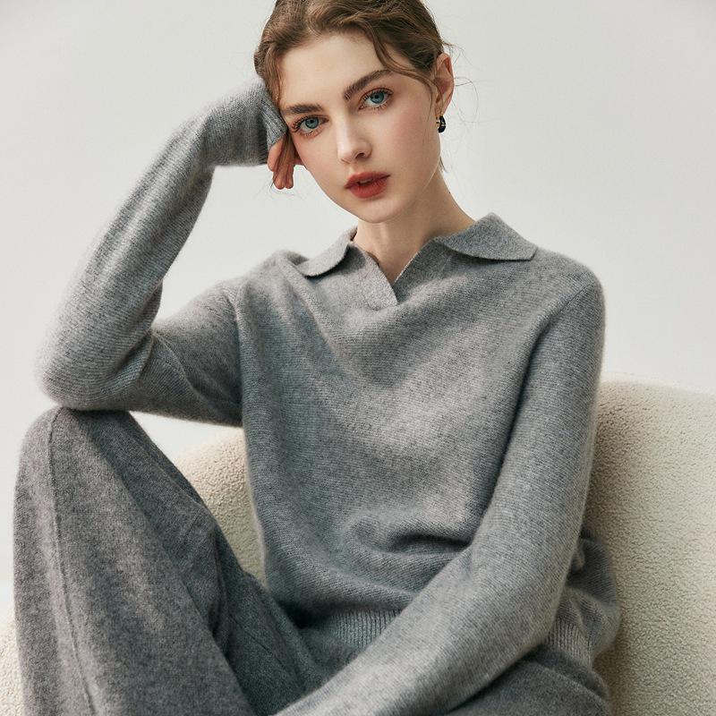 Women's High-End Cashmere Wool Polo Collar Sweater - Autumn Winter Loose Knitwear Base Layer