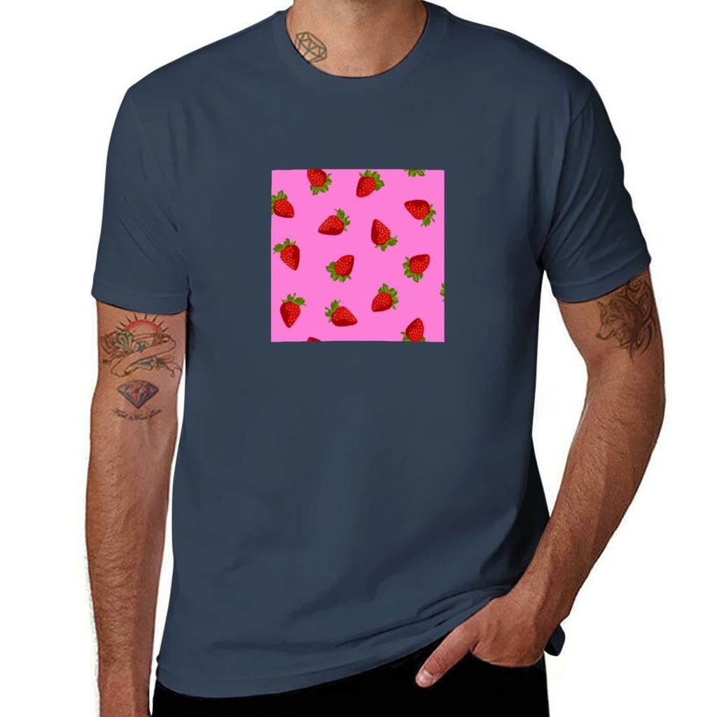 Strawberries on a pink background TShirt Work Wear Short Sleeve TShirt