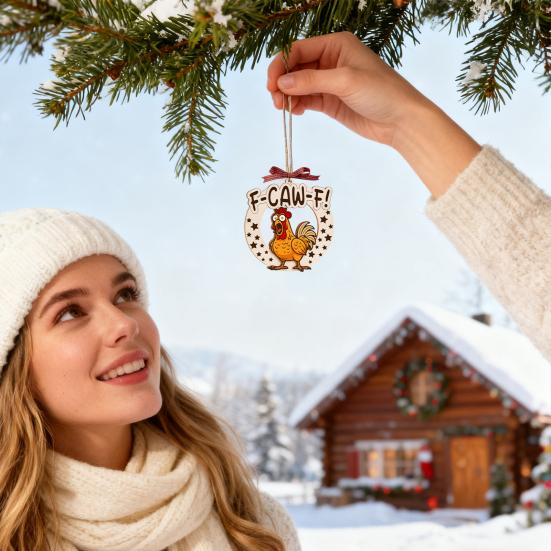 Yousheng Funny F-Caw-F Chicken Christmas Ornament Wooden Rooster Christma Tree Decoration White Elephant Gag Gifts for Chickens Lovers Adults Women