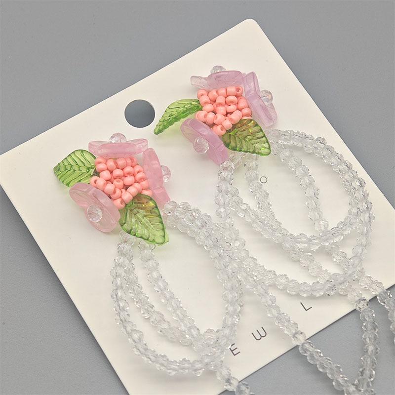 Handwoven Crystal Beaded Floral Tassel Bow Earrings – Women s Fashionable Fresh Vacation Style Jewelry