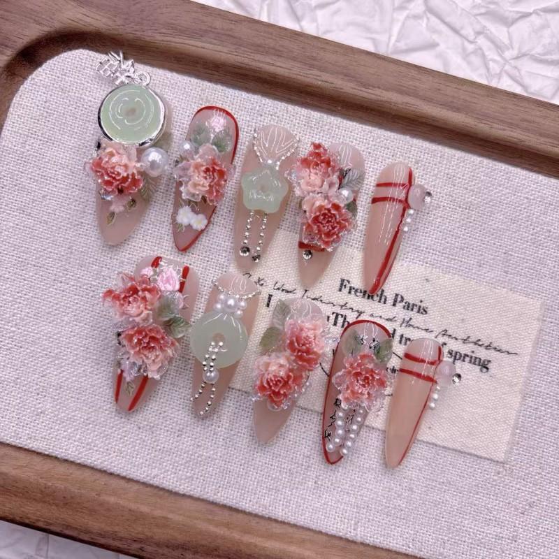 Handmade Gradient Pink Chinese Style Peony Nail Tips Medium Length Premium Acrylic Press-On Nails Women Large