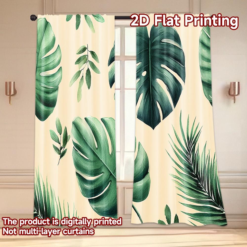 Sheer Flat Printing Curtains Without Rod Green Leaf Collection New Year Festival Fashion Semi Curtain Set Of 2 Made Polyester Washable