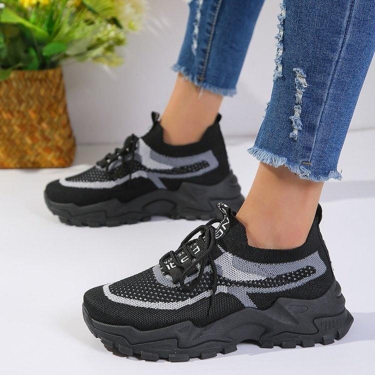 New Fly Woven Mesh Casual Breathable Sneakers Korean Style Thick-Soled Mesh Red Shoes Light Running Shoes