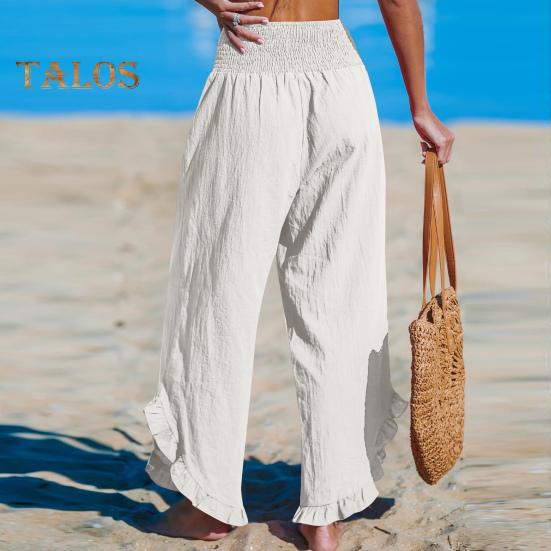 Pantaloni Casual pentru Femei, Plisați, Elastici, cu Talie Înaltă, cu Picior Larg, Pantaloni Lungi cu Buzunare, Manșete cu Volane, Croială Lejeră, Pantaloni de Timp Liber