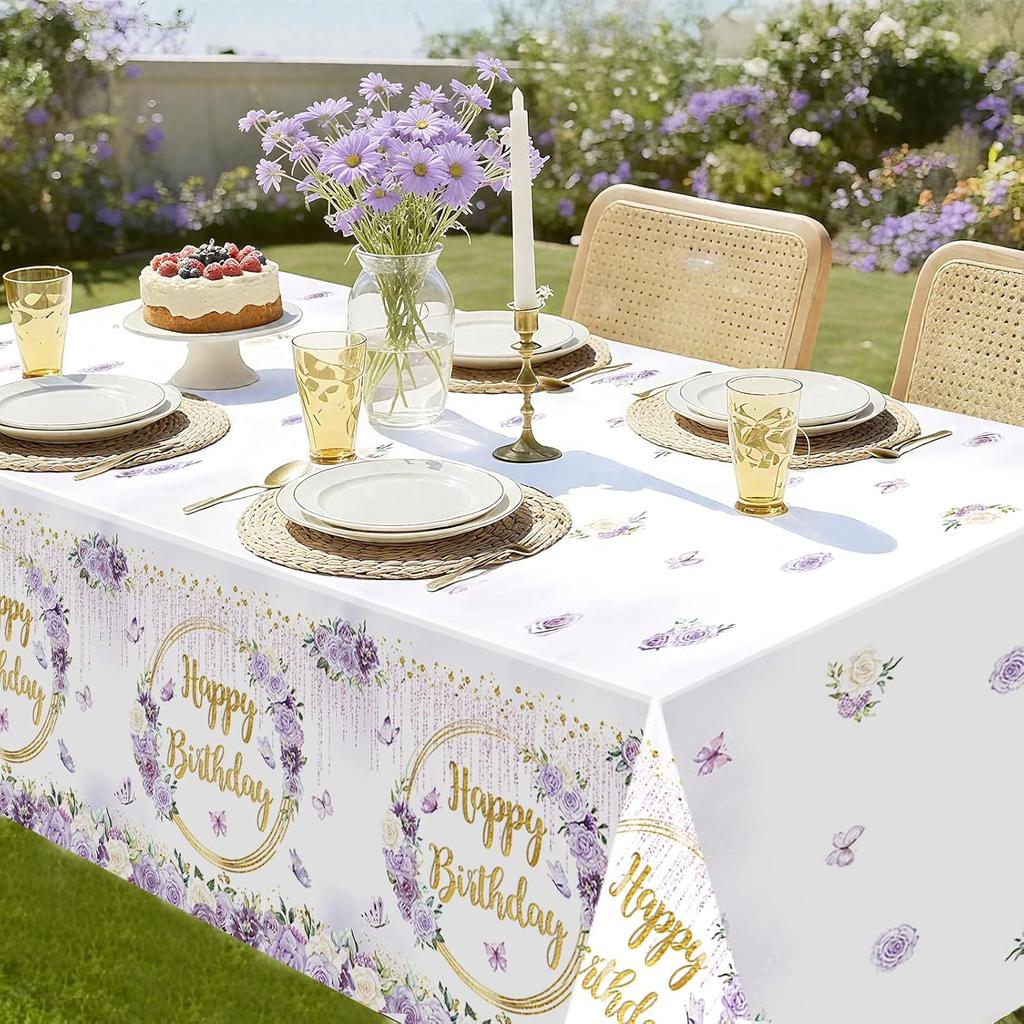 MEHOFOND 3pcs Purple Happy Birthday Tablecloths for Girls, 108x54“ Pastel Violet Floral Dripping Glitter Bday Disposable Table Cover,Spring Flowers