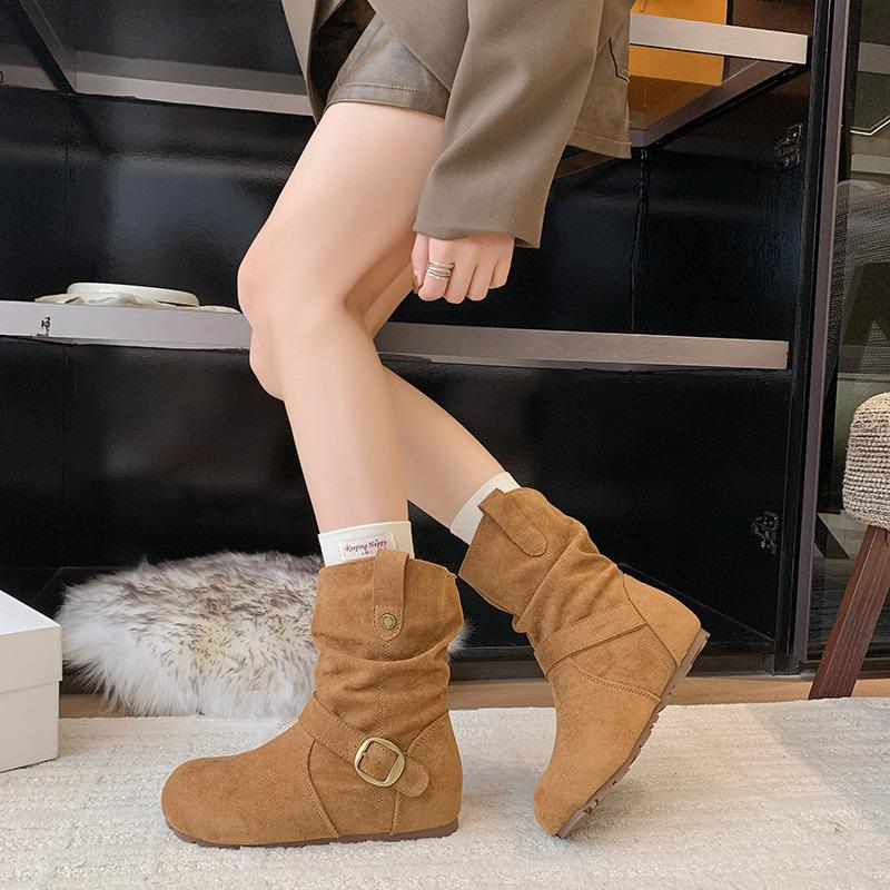 Western Cowboy Boots Martin Boots Women's Shoes Retro Suede Buckle 2025 New Autumn Design Pleated Small Short Boots