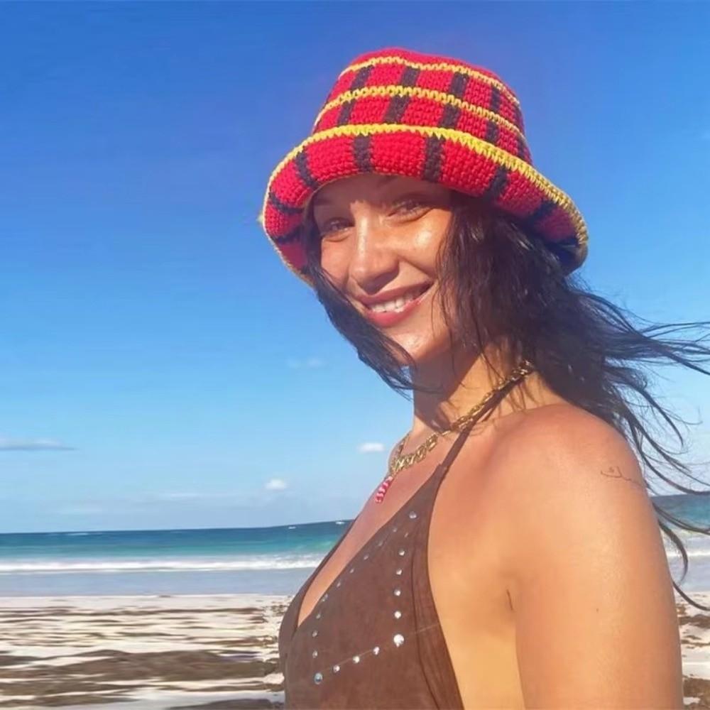 Crochet Striped Bucket Hat Thermal Panama Hat Casual Cold Cap Beach