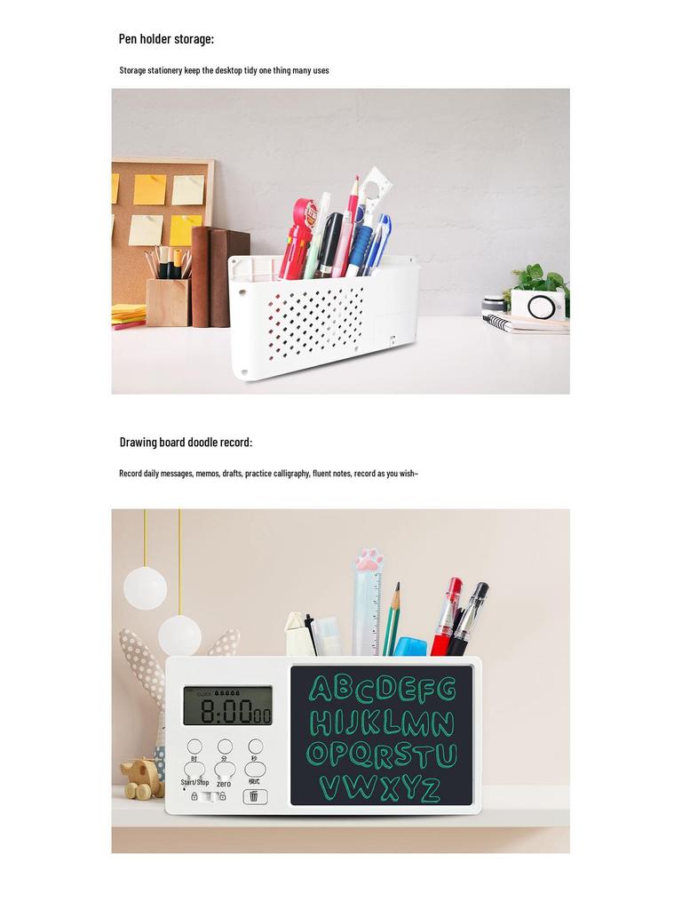 Multifunctional LCD Writing Tablet with Alarm Clock, Timer, Drawing Board, and Pen Holder