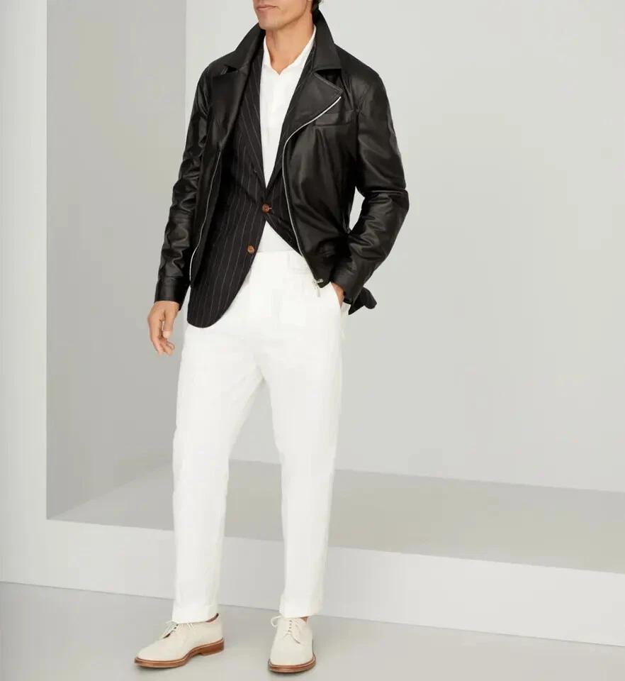 

Черная мужская куртка ручной работы из натуральной кожи ягненка, стильная мотоциклетная 3XL чёрный