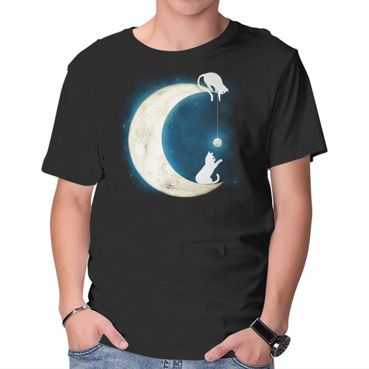 Unisex Crew Neck T-Shirt Moon Cat Graphic Short Sleeve Casual Tee XS