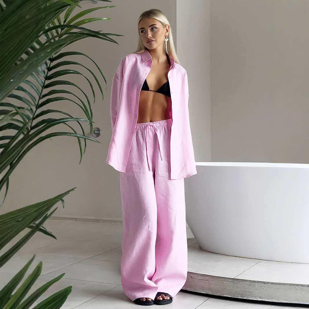

2026 Cotton Shirt & Pants Set: European-American Spring/Summer Loose Long-Sleeve Fashion Casual XXL розовый
