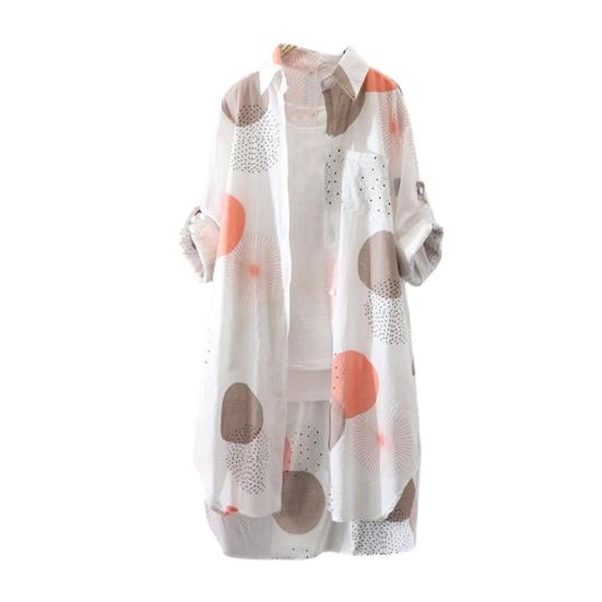 Primavera otoño mujer camisa estampado de moda manga larga dobladillo Irregular Anti sol solapa abrigo largo para uso diario