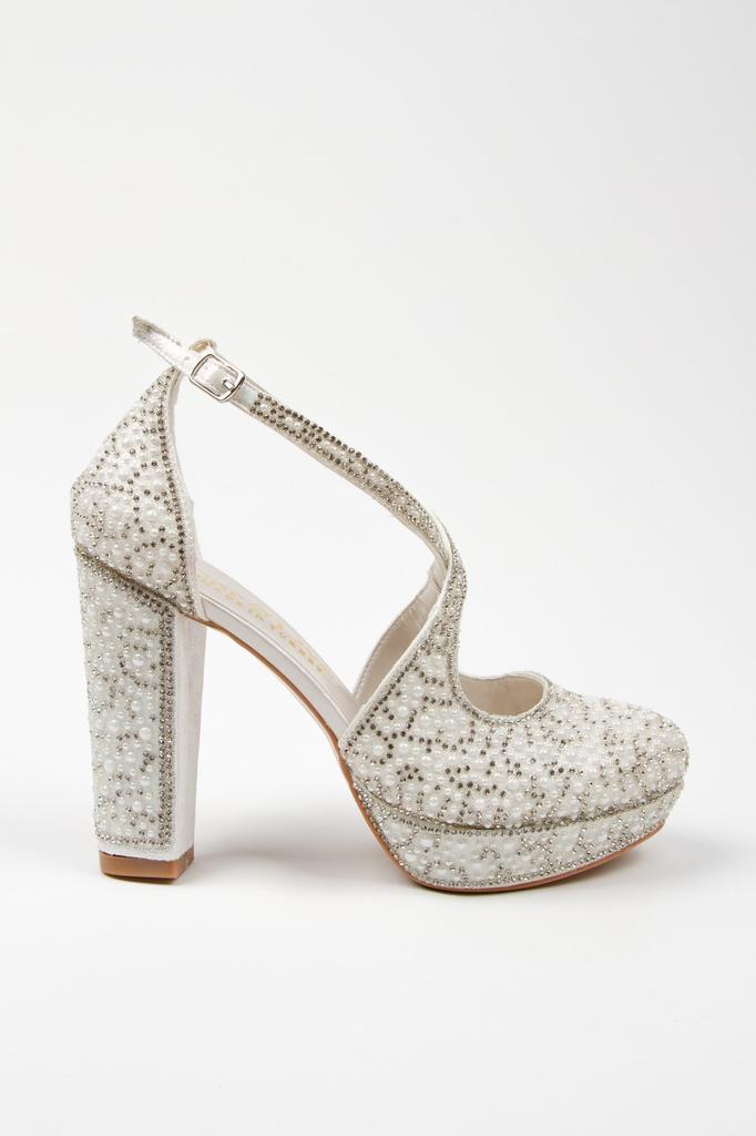 Modische Damen-Abendschuhe in Platin mit vollem Perlenstein und Absatz für die Party