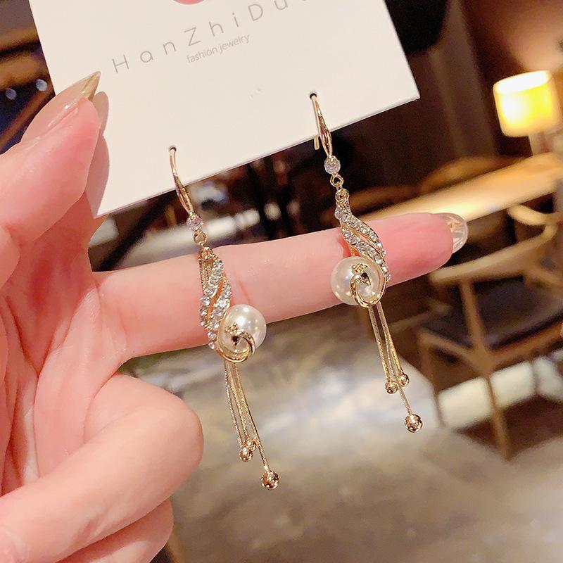New Year Red Pearl Peacock Tassel Earrings: Phoenix Dance Long Drop Earrings for Women