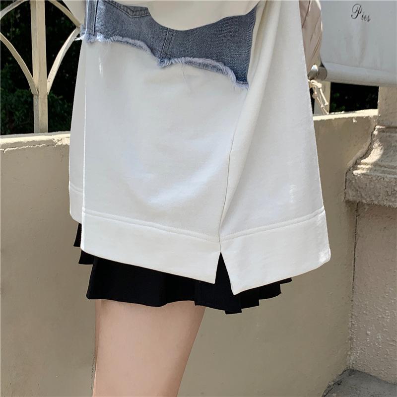 2022 Stylish European & American Street Style Loose Patchwork Denim Polo Hoodie - Women's Fake Two-Piece Top
