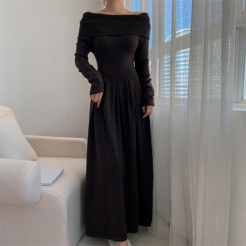 Koreanisches Strickkleid mit Carmen-Ausschnitt für Damen, Herbst, neu, Patchwork, langärmelig, Mode, einfarbig, Party-Langkleid, Winter