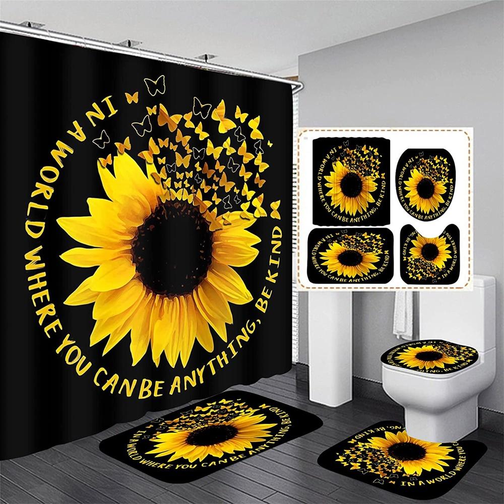 

Art Flower Shower Curtain Set With Non-Slip Rugs Toilet Lid Cover Bath Mat Sunflower Shower Curtain Waterproof Bathroom Decor W60H190(CM)-1 Pcs