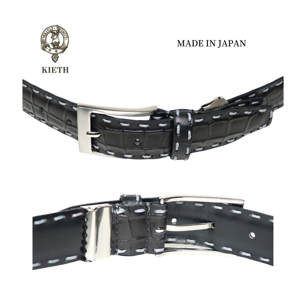 [KIETH] Crocodile Embossed Belt for Men, Genuine Leather, Kip Leather, Black, Made In Japan, Matte Finish, Adjustable Size, KE21472-19