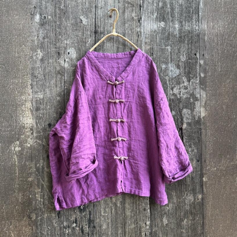 Johnature Women Vintage Shirts Solid Color Stand Long Sleeve Blouses Autumn Button Loose Chinese Style Top