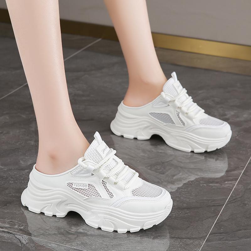 Modne damskie muły z siateczki CRLAYDK na koturnie, wsuwane sneakersy, letnie wygodne mokasyny, codzienne buty do chodzenia na wakacje bez pięty