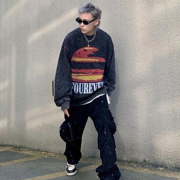 Vintage Distressed Sweatshirts Fleece Women Hip Hop Streetwear O-Neck Loose Long Sleeve Print Graphic Hoodie Autumn Winter