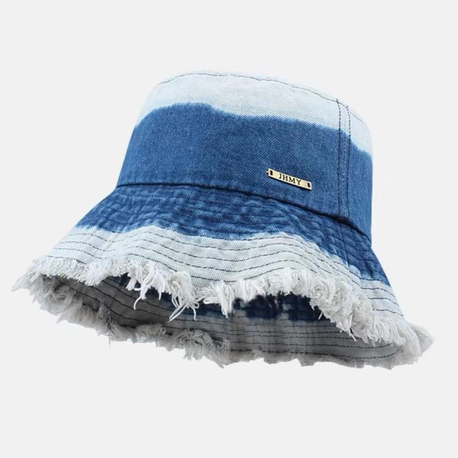 Custom Logo Foldable Tassel Bucket Hats Women Men Vintage Gradient Denim Flat Roof Fisherman Cap Outdoor Wide Brim Beach Sun Hat