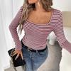 Real European and American 2025 new women's T-shirt square neck pullover slim-fitting knitted long-sleeved bottoming shirt