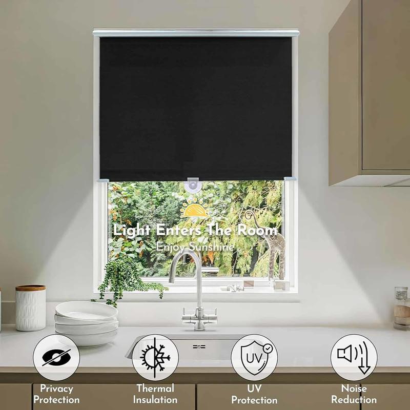 Cordless Retractable Roller Shades Black Home Office Windows Sunshade Thermal Blinds Without Drilling Blackout Curtain