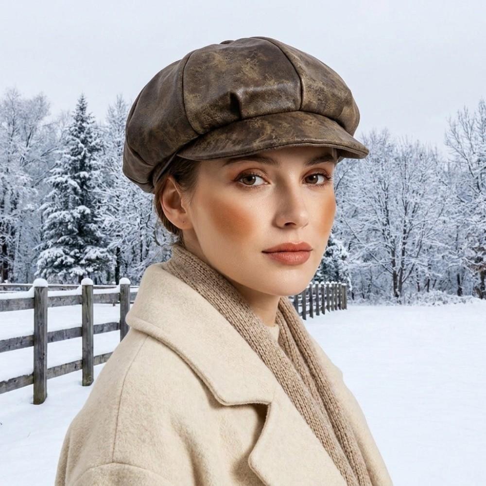 Octagonal Cap Pu Leather Beret British Style Painter Hat Elegant Artist Cap  Women