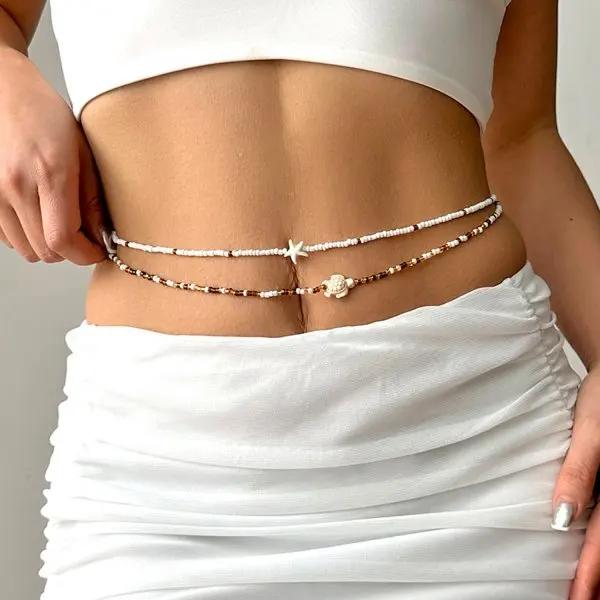Bohemian Starfish Conch Shell Waist Chain for Women Fashion Imitation Pearl Personality Beach Belly Chain Body Jewelry Gifts