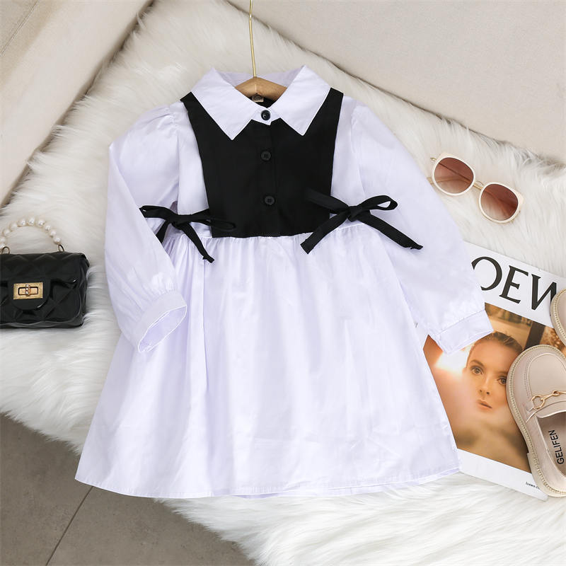 Girls Spring and Autumn Long Sleeved Color Blocked Dress Kids Casual Lapel Button Dresses