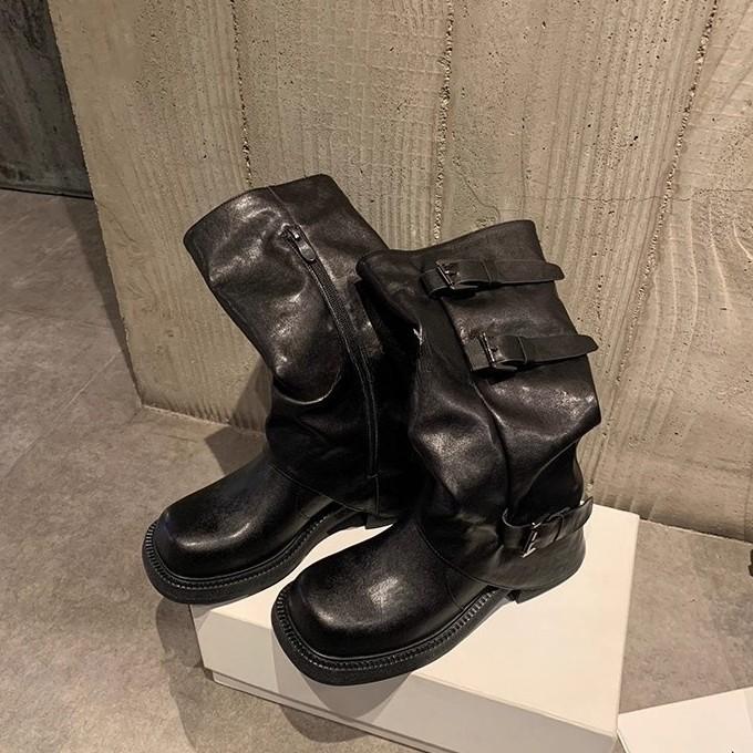 Autumn and winter new heightening belt buckle square round head amber streamer wind boots western pile pants tube women's boots