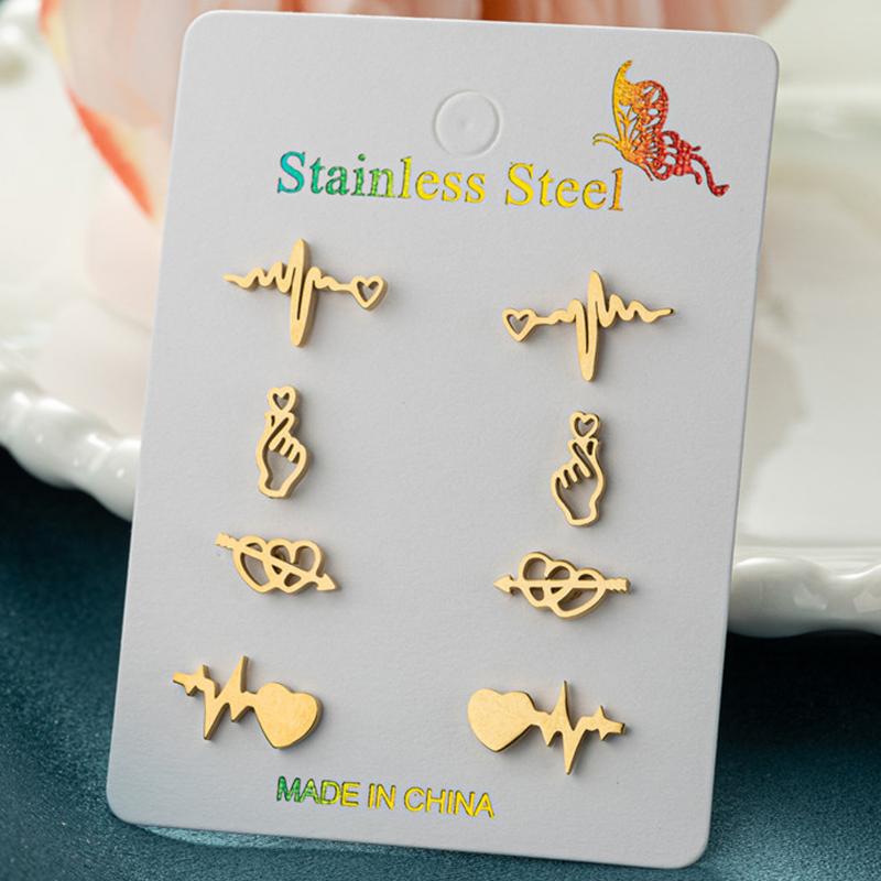 4Pairs/Lot Fashion Stainless Steel Star Moon Stud Earrings Sets for Women Small Flower Porker Dog Earings Jewelry Gift