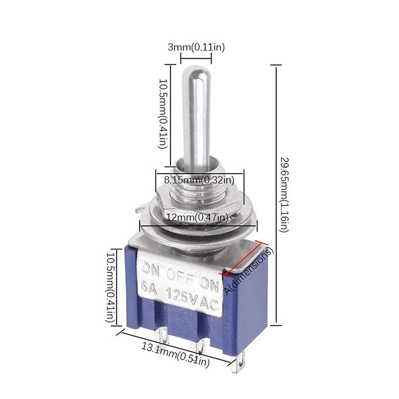 Miniature Lever Toggle Switch Single Pole Double Throw On-Off-On /On-On 120Vac 6A 1/4 Inch Mounting Mts-202