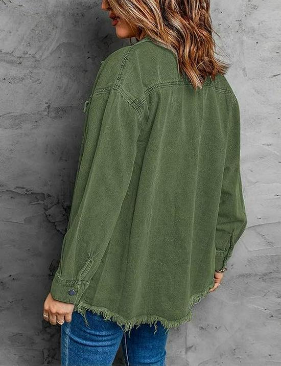 Women's Oversized Distressed Denim Jacket - Casual Long Sleeve Shirt for Spring 2025