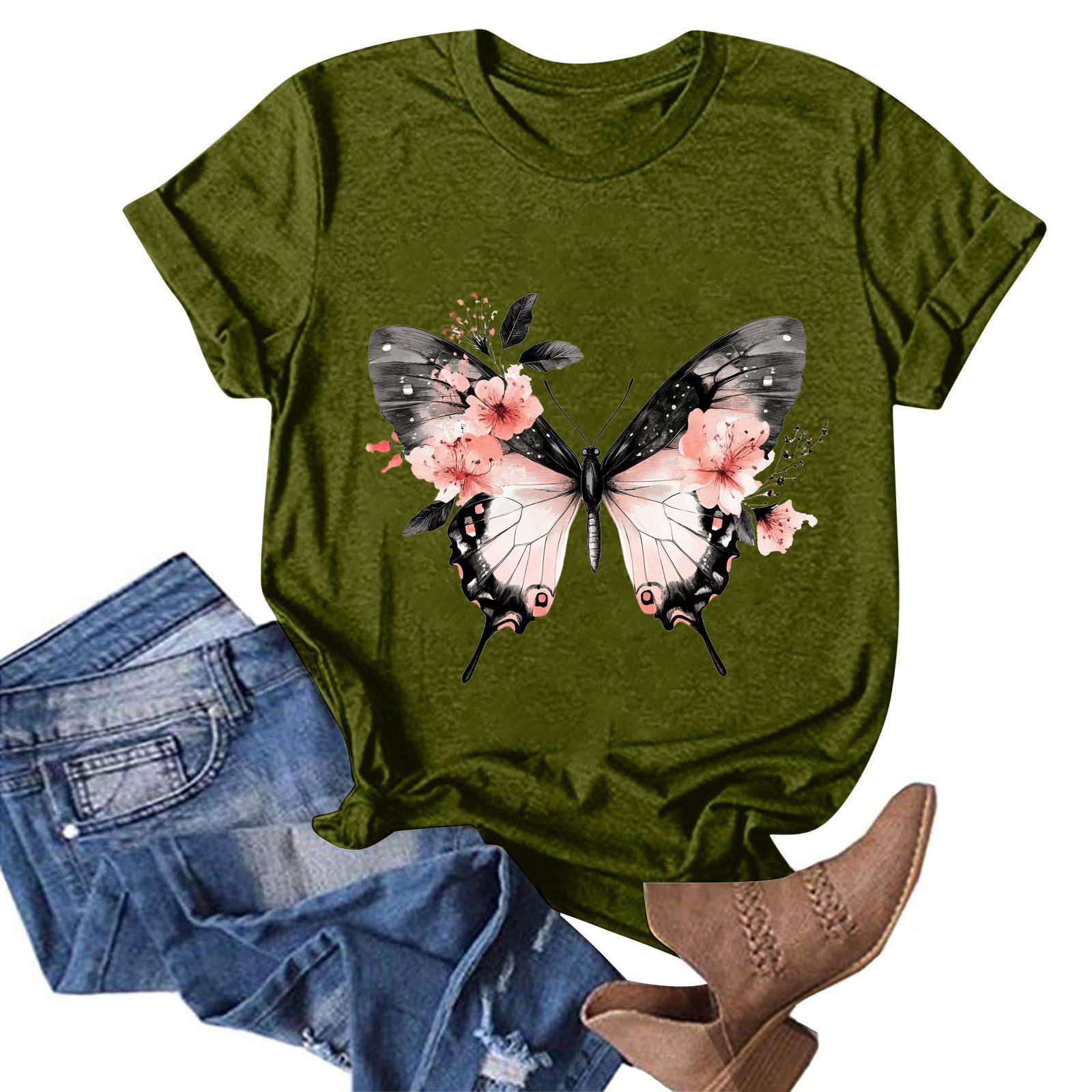 

Женская модная повседневная футболка с круглым вырезом и принтом, пуловер с короткими рукавами, топ L армия зеленый