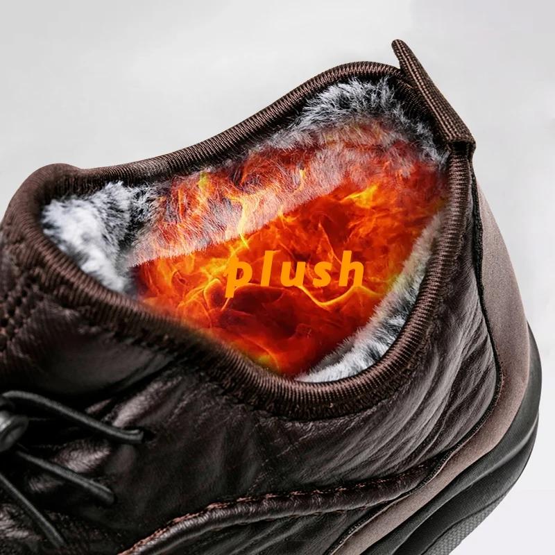 Autumn Winter MEN'S black PU leather plush warm outdoor waterproof cotton shoes chunky male walking hiking trekking sneaker