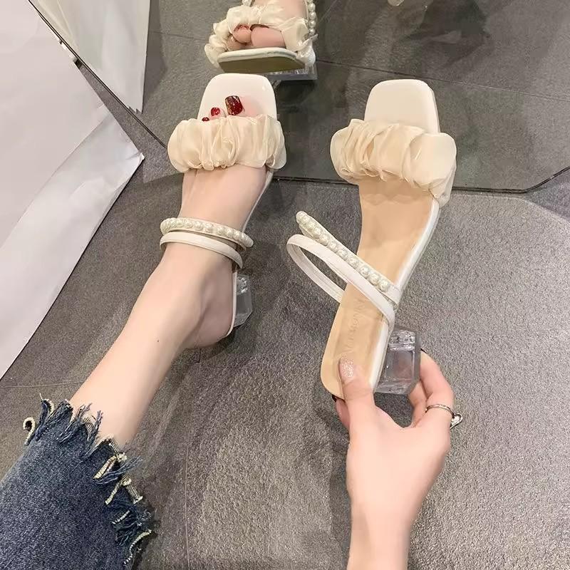 Cool Slippers Women's New Summer Medium Heel Thick Heel Versatile Outer Wear Pearl Two Wear Sandals