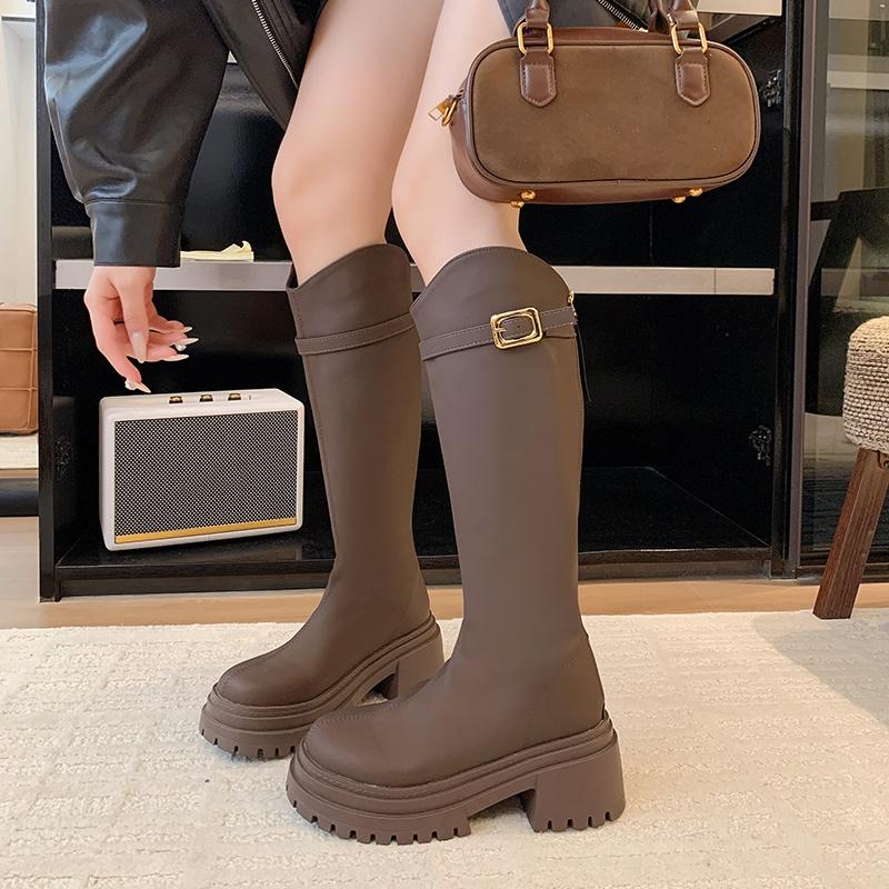 Fashionable New Sexy Plus Size Thick Soled Women's Boots  In Winter Round Toe Square Heel Casual Knight Boots