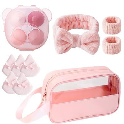 13-teiliges rosa Make-up-Set - Schwamm-Make-up-Ei - Dreieckige Schleife Puder - Transparente wasserdichte tragbare einfache Reiseaufbewahrung Toilettenartikeltasche mit großer Kapazität