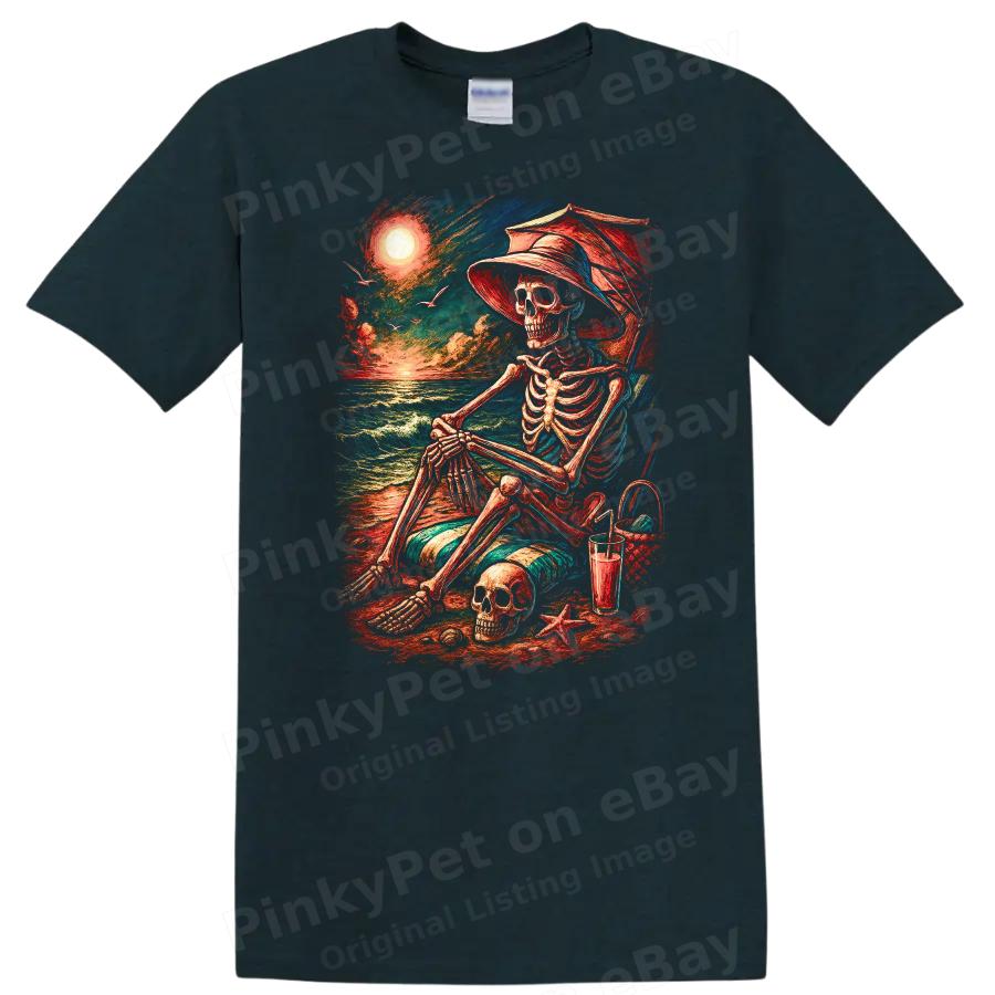 Skeleton Beach Scene Relaxing T Shirt Chill Sunset Ocean Vibes Casual Tee