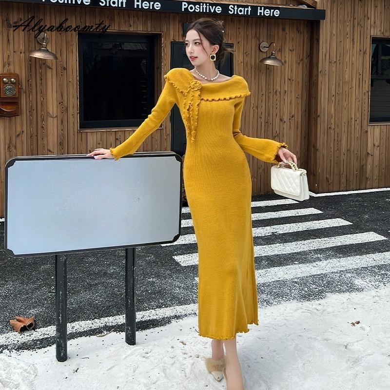 French Style Autumn Winter Women Sweater Dress Slash Neck Beige Yellow Floral Knitting Dress Knitted Feminine Elegant Chic Dress