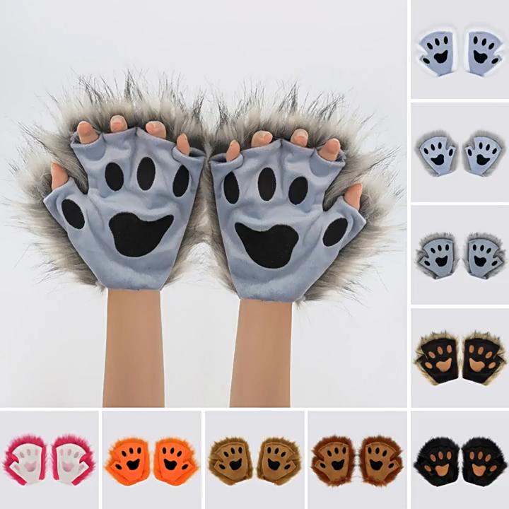 Furry Half Finger Animal Paw Gloves, Plush Cat Wolf Paw Gloves, Fursuit Cosplay Costume Gloves for Halloween Party Dress Up