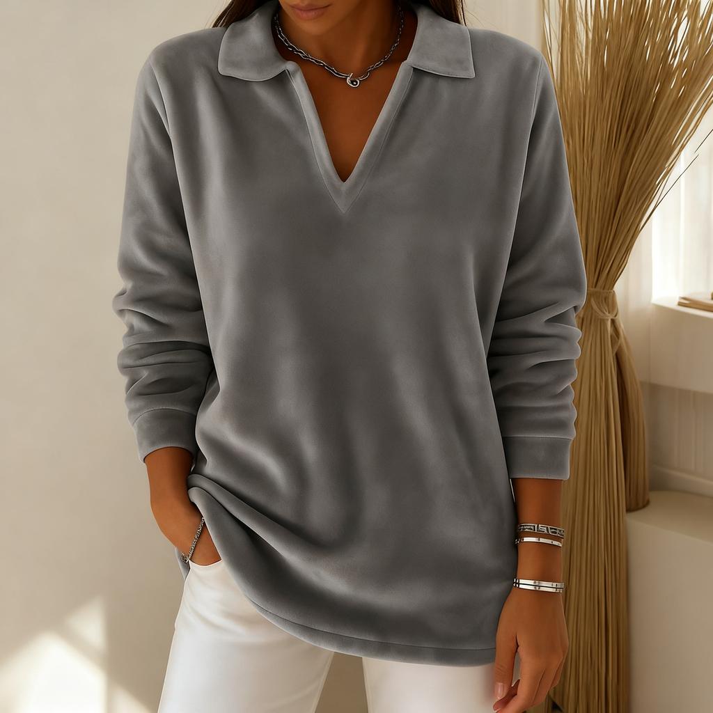 Women's Fashionable Solid Color V-neck Long Sleeved Casual Loose Plush Warm Top