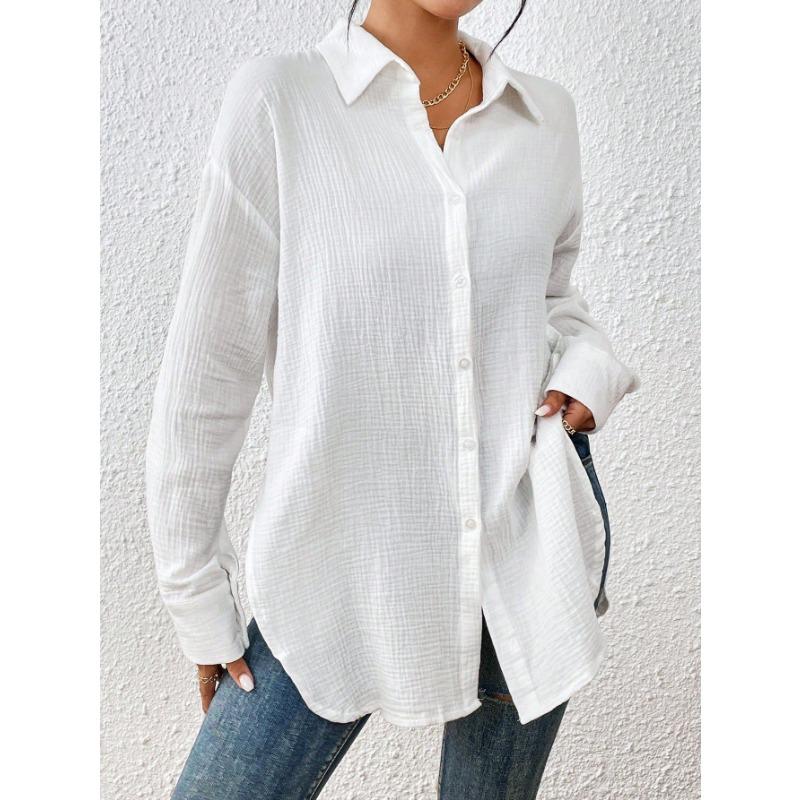 Women European Style Casual Long Sleeve Turn Down Collar Long Shirt Outerwear