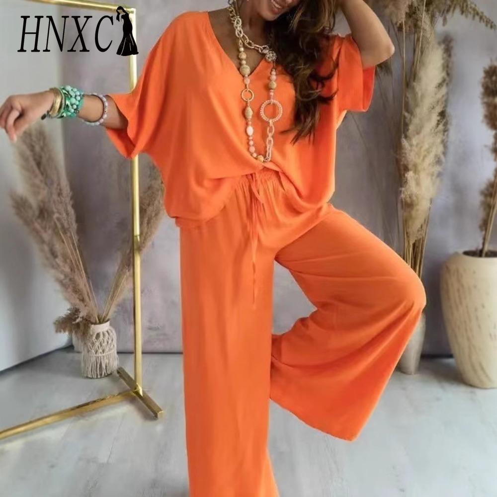 HNXC Women's V-Neck Bat Sleeve Casual Loose Wide Leg Pants Set