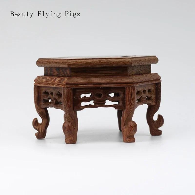 Chicken wing wooden hexagonal platform base Purple clay teapot holder Vase base Living room desktop balcony home decoration