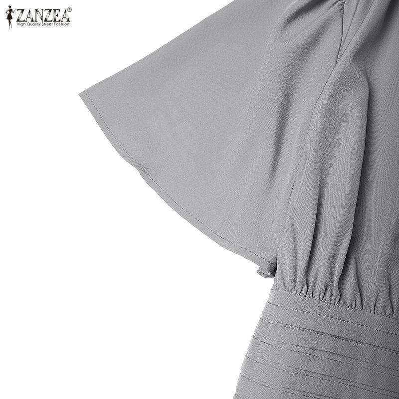 ZANZEA Women Casual Stand Collar Solid Color Summer Short Sleeve Dress