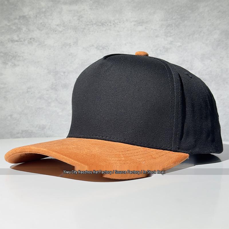 High-Quality Pure Cotton Duckbill Cap with Suede Patchwork, Five-Panel Design, Color Block, & Customizable Logo Embroidery 58cm (Adjustable) чёрный