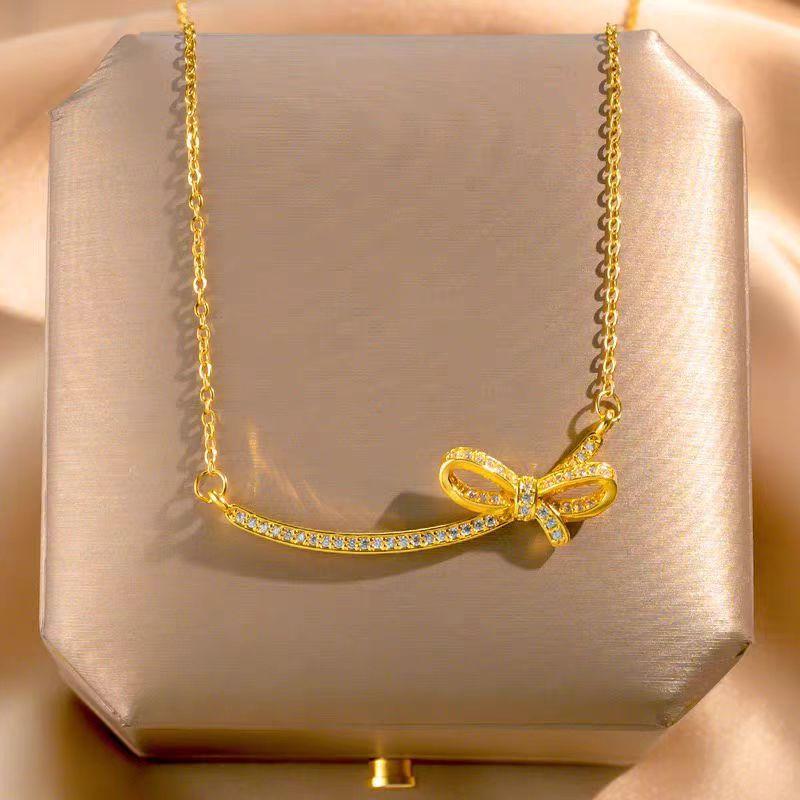 Design Bow Necklace Women'S High Sense Simple Versatile Zircon Pendant Exquisite Collarbone Chain